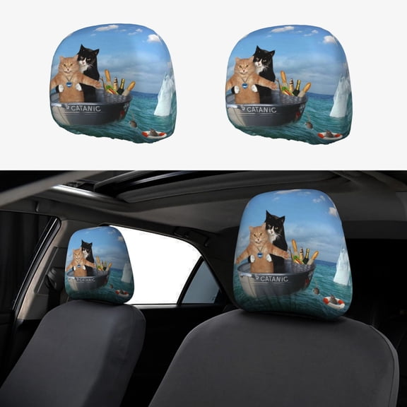 Kdxio Two Brave Cats Are Floating On The Sea Iceberg Pattern Print 2 Piece Car Head Rest Covers Set Auto Front/Rear Seats Headrest Cover Universal Fit Most Cars,Sedan, SUV