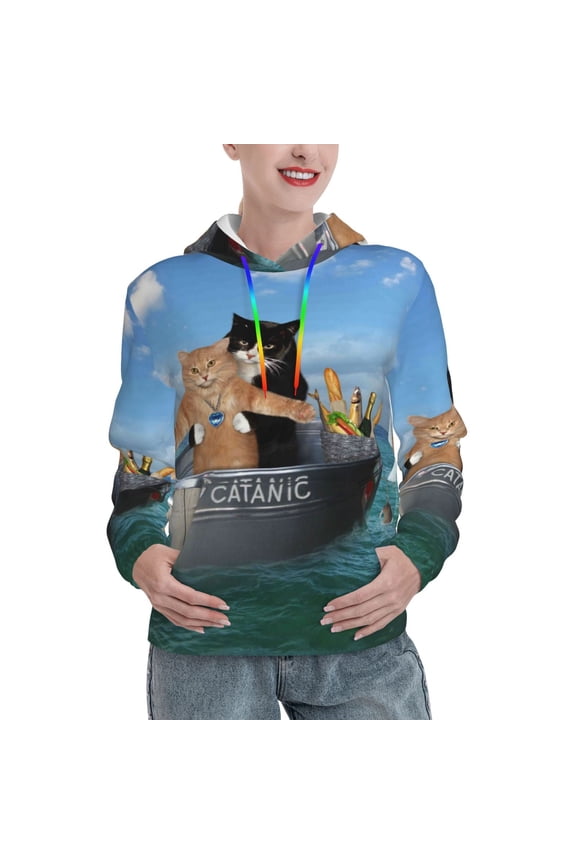 Two Brave Cats Are Floating On The Sea Iceberg Print Womens Oversized Hoodies Sweatshirts Hooded Pullover Tops Sweaters Casual-Small