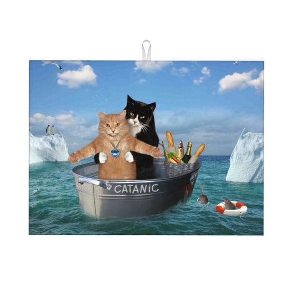 Kdxio Two Brave Cats Are Floating On The Sea Iceberg for Dish Drying Mat,24*18 inch Absorbent Dish Drainer Kitchen Counter,Large Size Dish Drying Pad for Countertops,Draining Racks