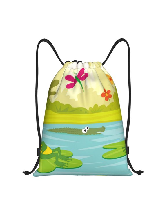 Two Frogs Are Sitting On Water Lilies Print Drawstring Backpack Bag,Waterproof Draw String Back Sack, Gym Drawstring Bags Swim Bag For Unisex