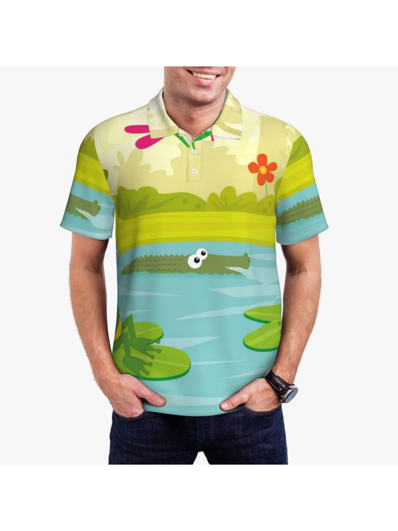 Two Frogs Are Sitting On Water Lilies Print Men's Short Sleeve Polo Shirt,Midweight Men's Shirt-3X-Large