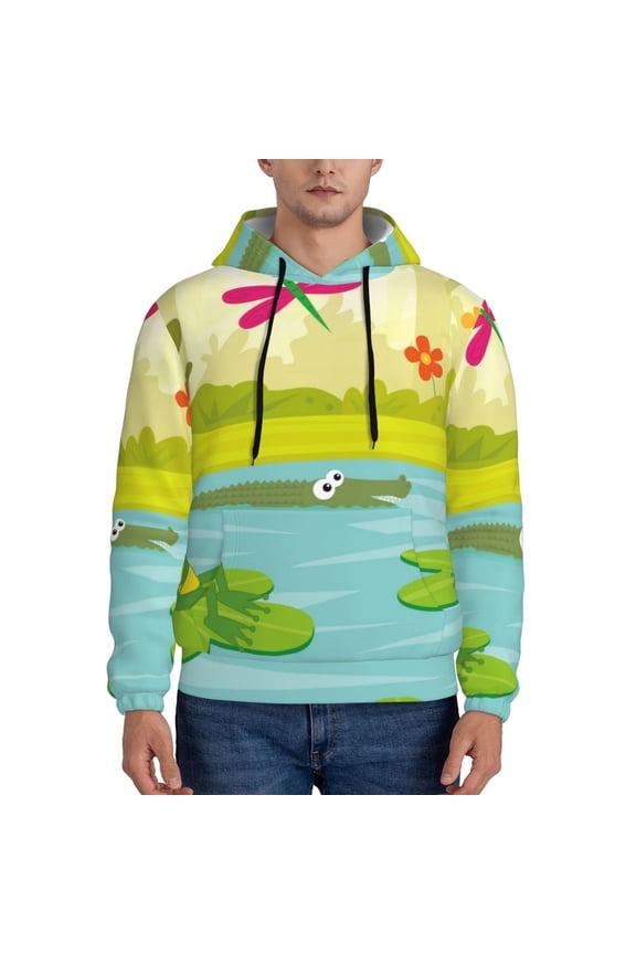 Two Frogs Are Sitting On Water Lilies Print Mens Casual Hooded Collar Drawstring Hoodies Pullover Sweatshirts Casual Long Sleeve Shirts-X-Large