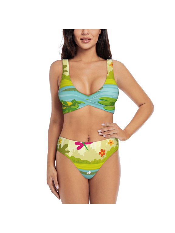 Two Frogs Are Sitting On Water Lilies Print Women's 2 Piece High Waisted Wrap Spaghetti Strap Summer Swimsuit Bikini Set-Large