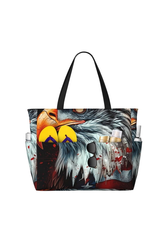 USA Bald Eagle for Beach Bag for Women Large Beach Tote Bag Waterproof Sandproof Swim Bag with Zipper Pockets Beach Vacation Travel