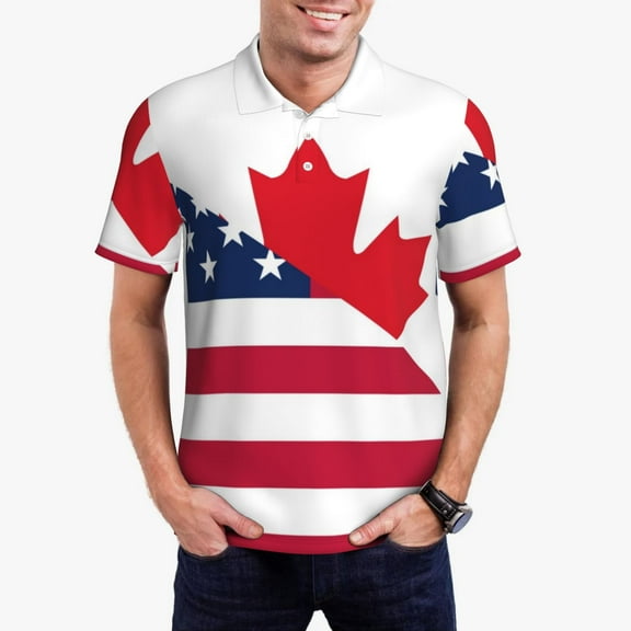 Kdxio USA Canada Flag Print Men's Short Sleeve Polo Shirt,Midweight Men's Shirt