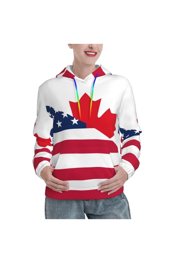 USA Canada Flag Print Womens Oversized Hoodies Sweatshirts Hooded Pullover Tops Sweaters Casual-Small