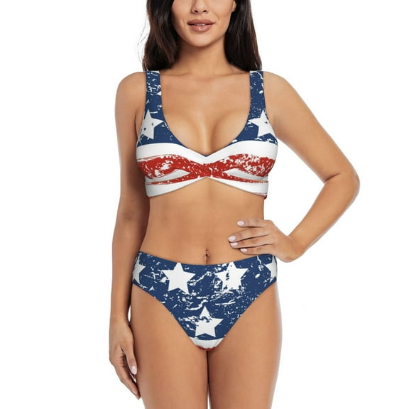 Kdxio USA Colors Stripes1 Print Women's 2 Piece High Waisted Wrap Spaghetti Strap Summer Swimsuit Bikini Set-Small