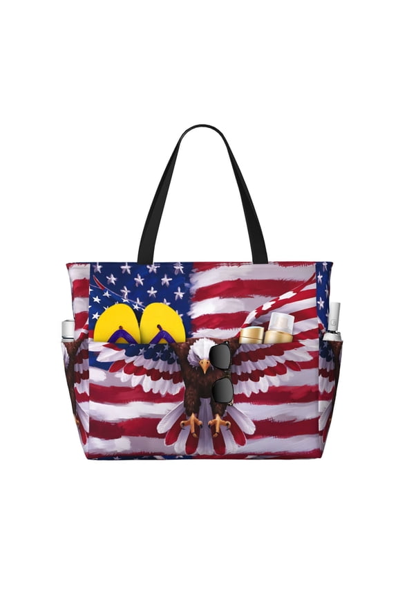 USA Eagle with Spread Wings for Beach Bag for Women Large Beach Tote Bag Waterproof Sandproof Swim Bag with Zipper Pockets Beach Vacation Travel