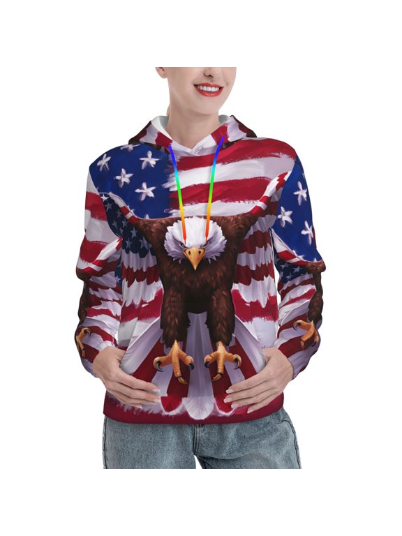 USA Eagle with Spread Wings Print Womens Oversized Hoodies Sweatshirts Hooded Pullover Tops Sweaters Casual-Large