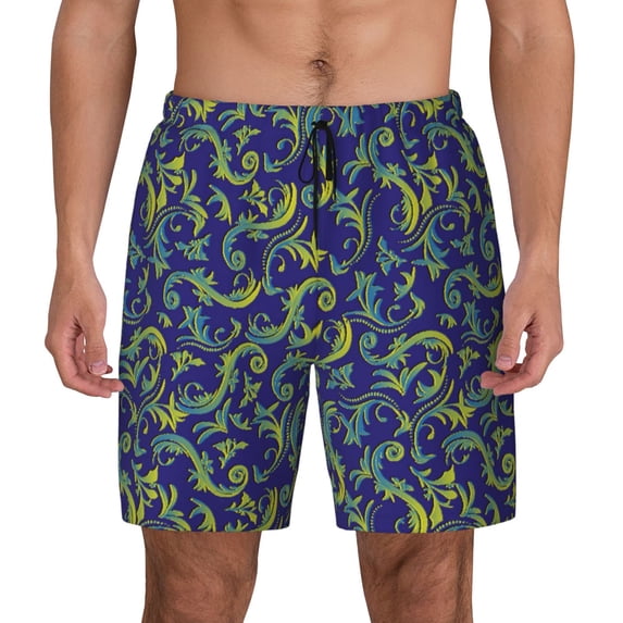 Kdxio Uncaria Flower Print Men's Swim Trunks with Compression Liner 7 Inch Inseam Quick Dry Swim Shorts