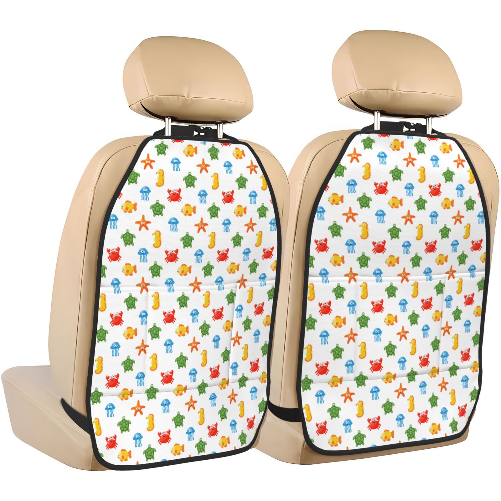 Kdxio Undersea Animals Print 2 Pack Car Kick Mat Seat Cover Back Protector Mat with Pockets for Organizer Backseat Protector and Storage Anti Kick Pad for Vehicles