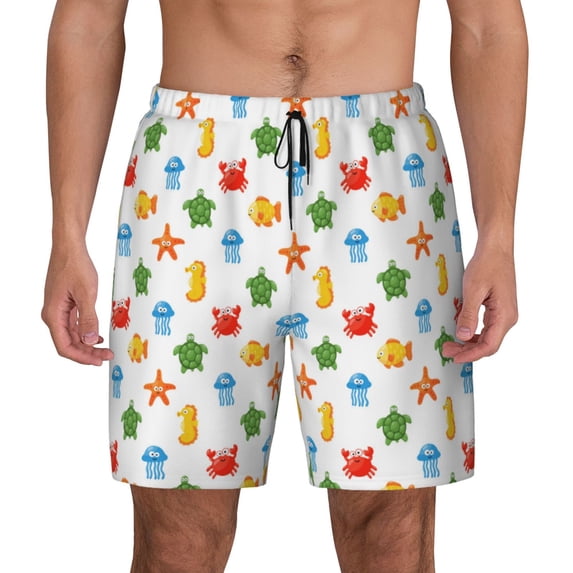 Kdxio Undersea Animals Print Men's Swim Trunks with Compression Liner 7 Inch Inseam Quick Dry Swim Shorts