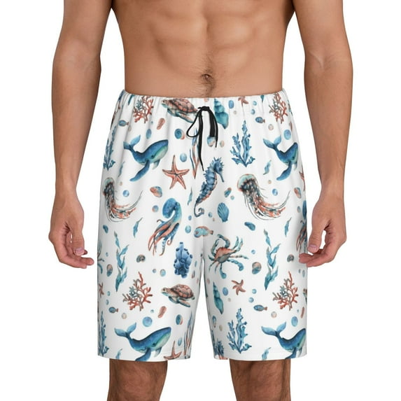 Kdxio Undersea Animals Print Mens Sleep Shorts Bottoms Soft Comfy Pajama Wear Pants with Drawstring Pockets