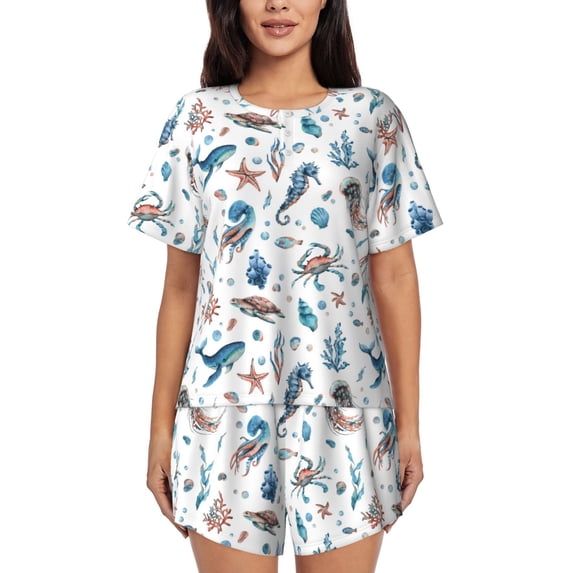 Kdxio Undersea Animals Print Pajamas Sets for Women Short-Sleeved Pjs with Lounge Shorts Two Piece Sleepwear S-4XL