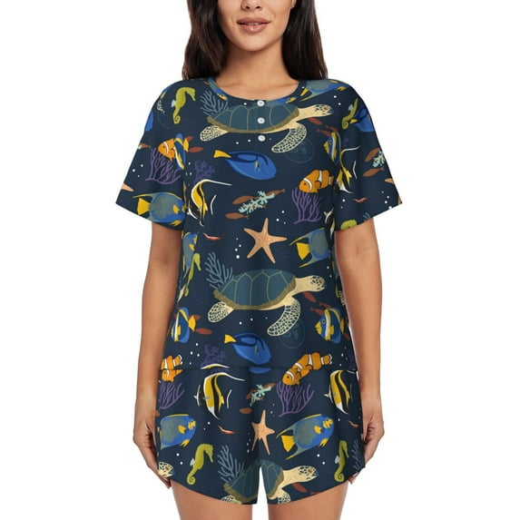 Kdxio Undersea Animals Print Pajamas Sets for Women Short-Sleeved Pjs with Lounge Shorts Two Piece Sleepwear S-4XL