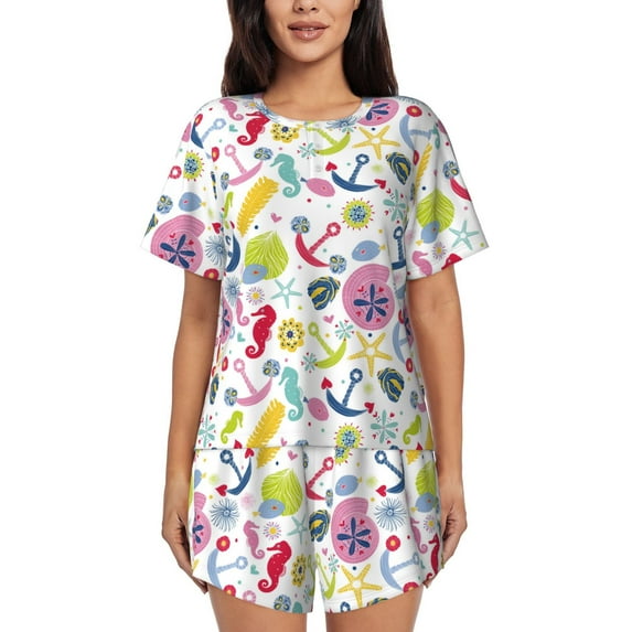 Kdxio Undersea Seahorse Print Pajamas Sets for Women Short-Sleeved Pjs with Lounge Shorts Two Piece Sleepwear S-4XL