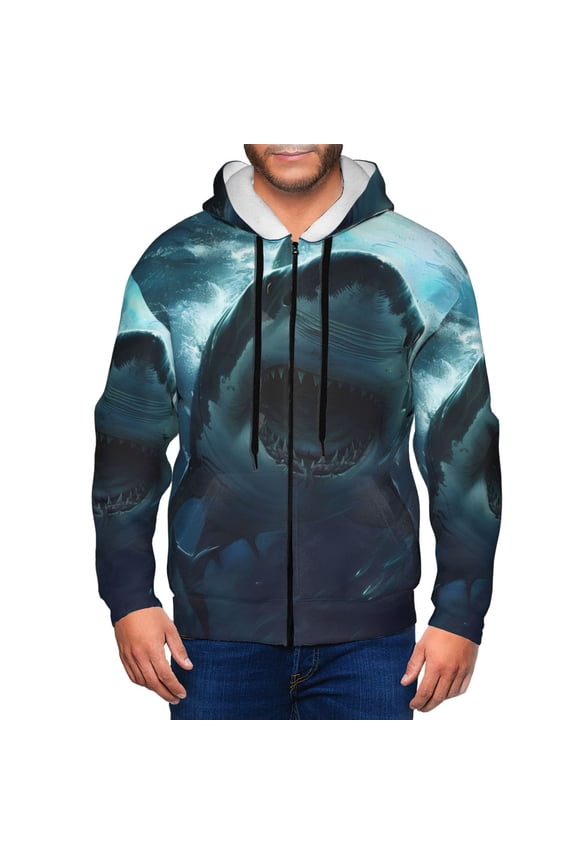 Undersea Shark Print Men Hoodies Casual Hoodies for Men with Zip Pockets Full Zip Long Sleeve Sweatshirt Sports Hooded Jacket-Small