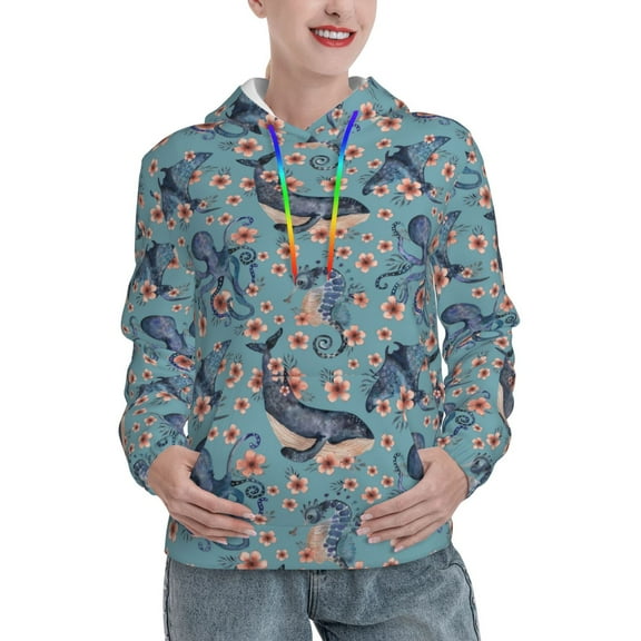 Kdxio Underwater Animals and Flowers Print Womens Oversized Hoodies Sweatshirts Hooded Pullover Tops Sweaters Casual-Large