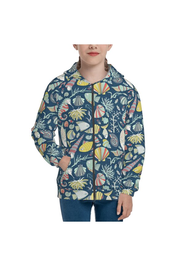 Underwater Creature Pattern Kids Boys Girls Zip Up Hoodie 3D Printed Hooded Sweatshirt Hoody Coat with Pocket 7-12 Y-Small