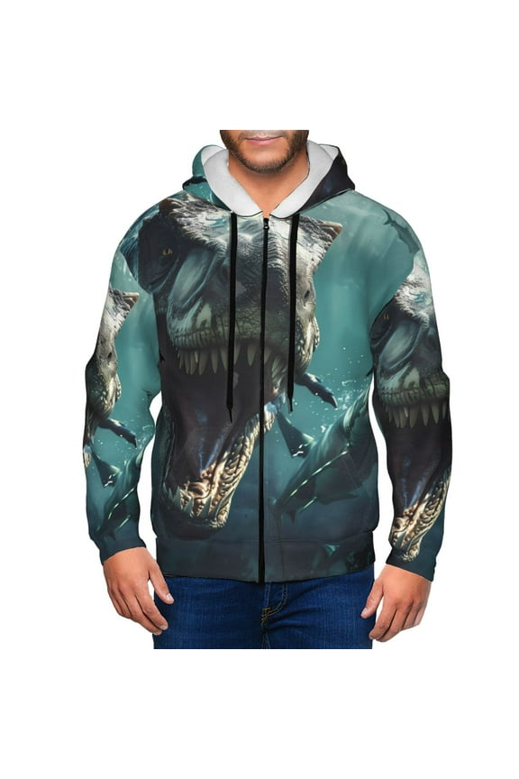 Underwater Dinosaur Shark Print Men Hoodies Casual Hoodies for Men with Zip Pockets Full Zip Long Sleeve Sweatshirt Sports Hooded Jacket-3X-Large