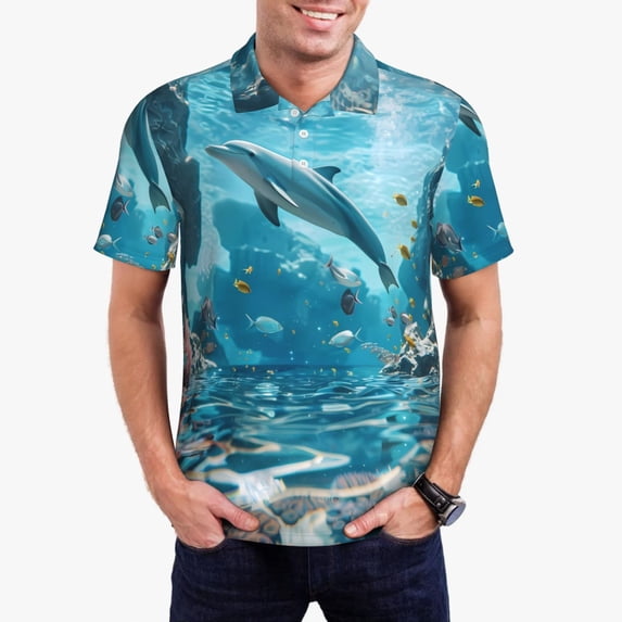 Kdxio Underwater Dolphin Scene Print Men's Short Sleeve Polo Shirt,Midweight Men's Shirt-3X-Large