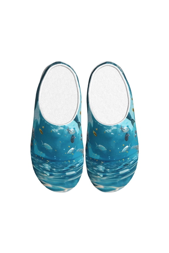 Underwater Dolphin Scene Women's Men's Slippers Plush Slip-On House Slipper for Winter Indoor Soft Cushion Non-slip Fluffy Slides Slippers-46/47
