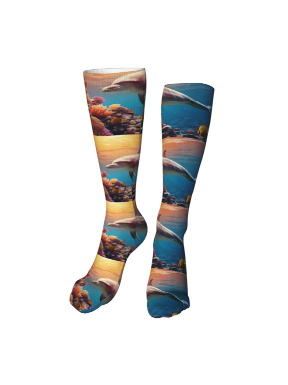 Underwater Plant Dolphin Funny Silky Novelty Funky Long Knee High Socks Soft 3D Print Cosplay Crazy Stockings for Men Women