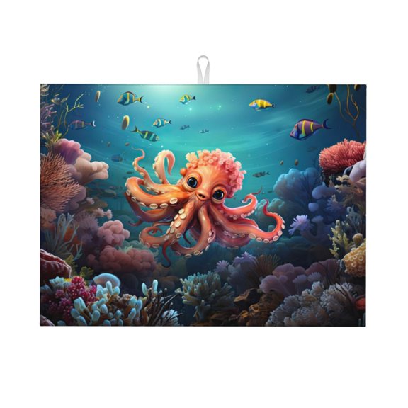 Kdxio Underwater Plant Octopus for Dish Drying Mat,24*18 inch Absorbent Dish Drainer Kitchen Counter,Large Size Dish Drying Pad for Countertops,Draining Racks