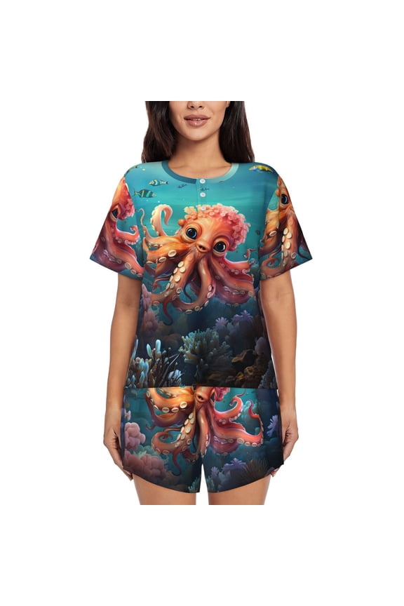 Underwater Plant Octopus Print Pajamas Sets for Women Short-Sleeved Pjs with Lounge Shorts Two Piece Sleepwear S-4XL
