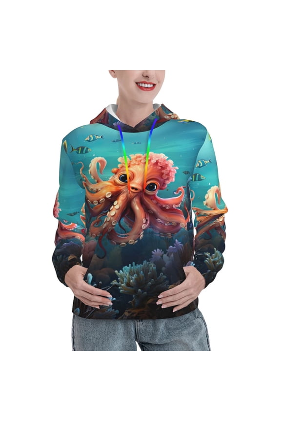 Underwater Plant Octopus Print Womens Oversized Hoodies Sweatshirts Hooded Pullover Tops Sweaters Casual-Medium