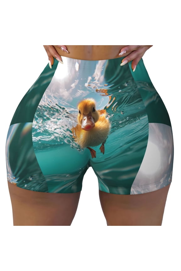 Underwater Swimming Duck Print Workout Shorts for Women Seamless Soft Smooth Gym Yoga Scrunch Active Shorts