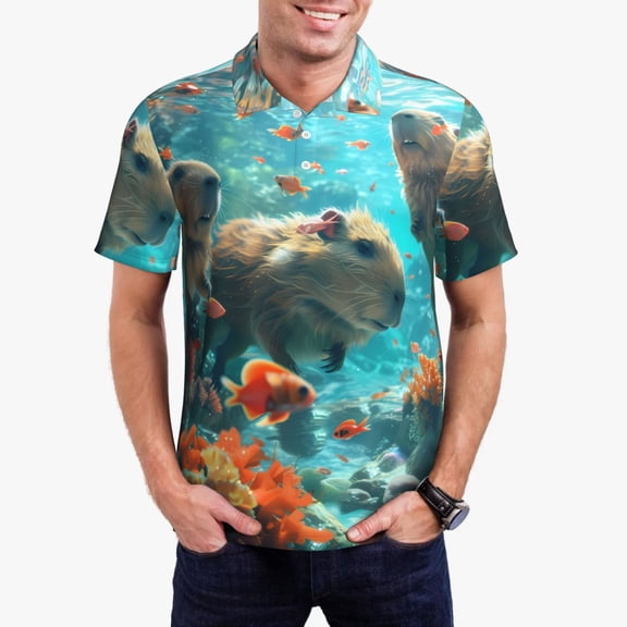 Kdxio Underwater Swimming Guinea Pig Print Men's Short Sleeve Polo Shirt,Midweight Men's Shirt