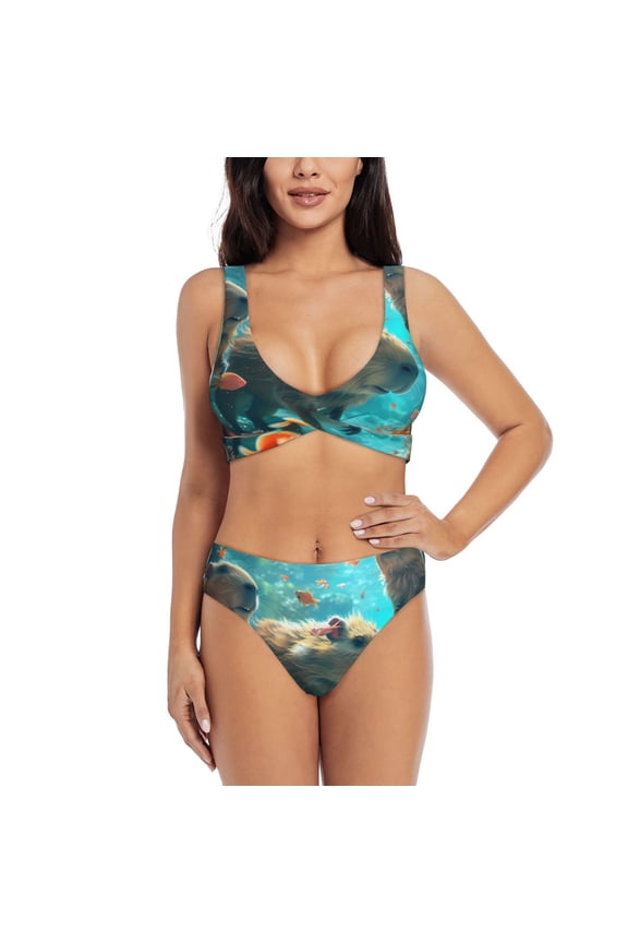 Underwater Swimming Guinea Pig Print Women's 2 Piece High Waisted Wrap Spaghetti Strap Summer Swimsuit Bikini Set-Small