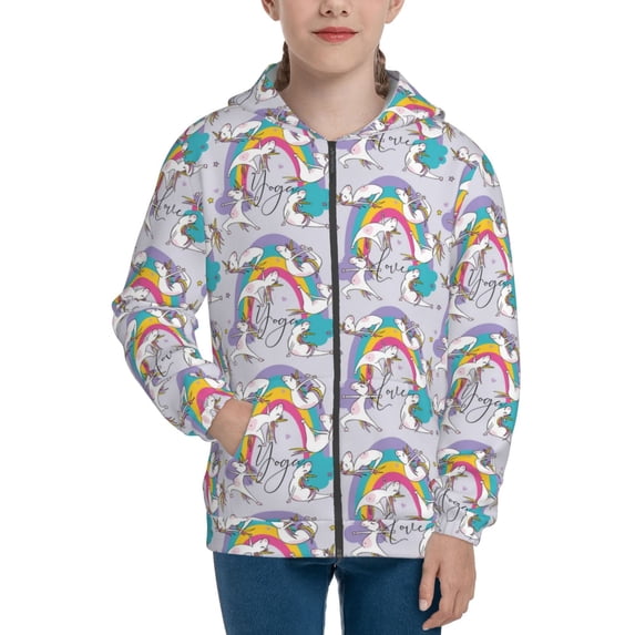 Kdxio Unicorn DoingYoga Pattern Kids Boys Girls Zip Up Hoodie 3D Printed Hooded Sweatshirt Hoody Coat with Pocket 7-12 Y-Small