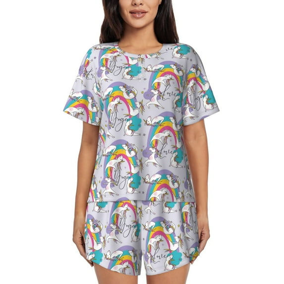 Kdxio Unicorn DoingYoga Print Pajamas Sets for Women Short-Sleeved Pjs with Lounge Shorts Two Piece Sleepwear S-4XL