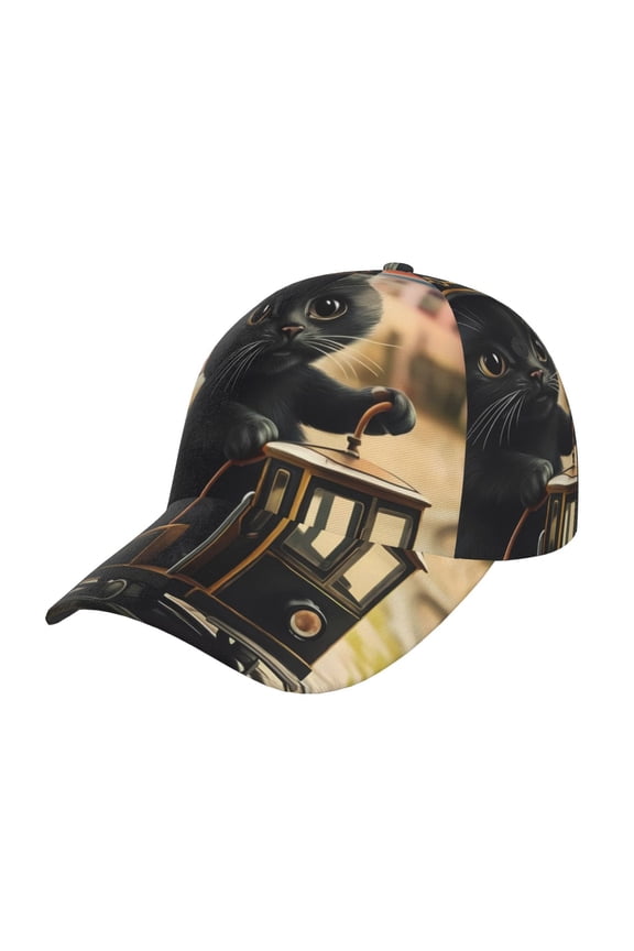 Unisex Adorable Kitten On Mini Train Pattern Baseball Cap Unisex Washed Classic Adjustable Hat