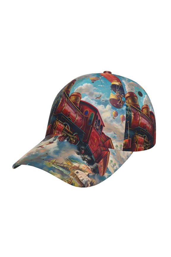 Unisex Beautiful Red Train Hot Air Balloon Pattern Baseball Cap Unisex Washed Classic Adjustable Hat