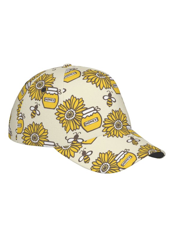 Unisex Cartoon Honey Pot Bee Sunflower Pattern Baseball Cap Unisex Washed Classic Adjustable Hat