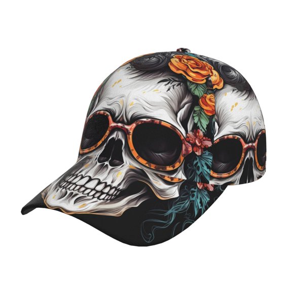Kdxio Unisex Flower Horn Skull A Pattern Baseball Cap Unisex Washed Classic Adjustable Hat
