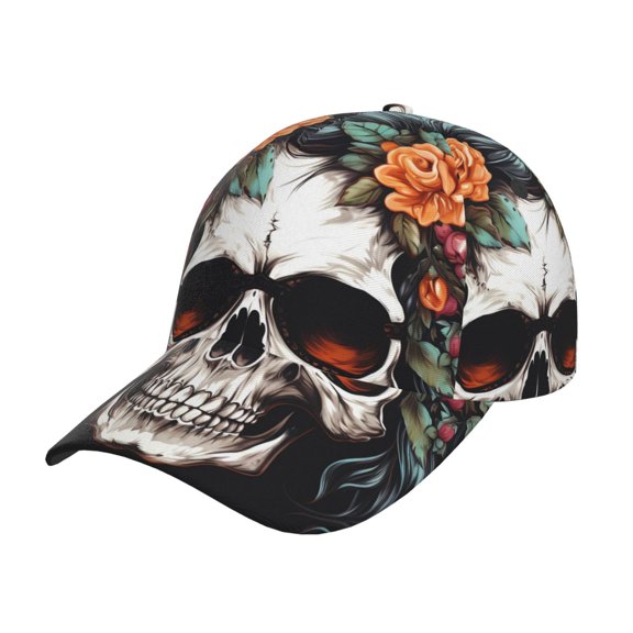 Kdxio Unisex Flower Horn Skull Pattern Baseball Cap Unisex Washed Classic Adjustable Hat