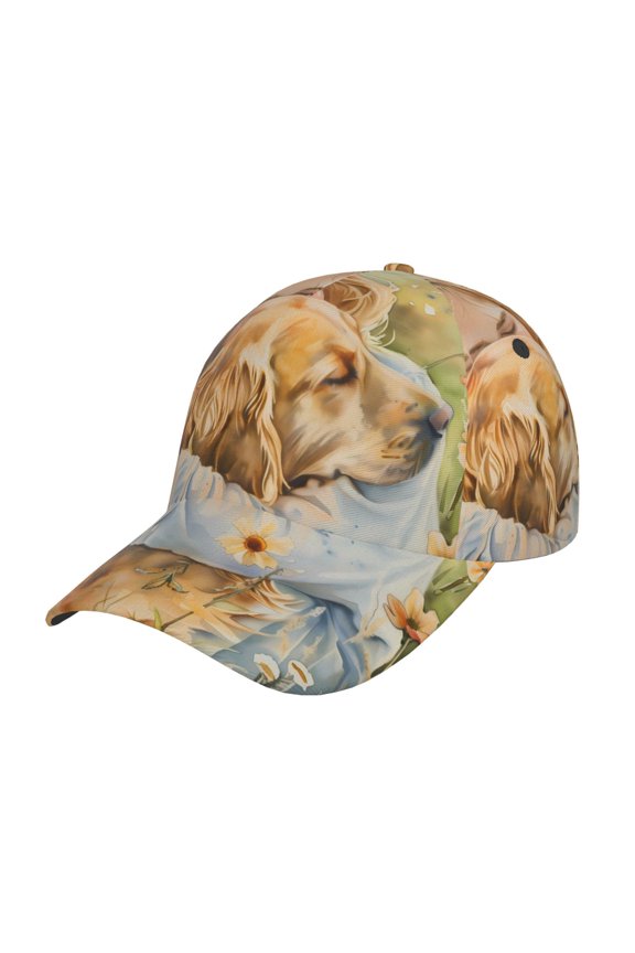 Unisex Girl Hugging Dog Flowers Pattern Baseball Cap Unisex Washed Classic Adjustable Hat