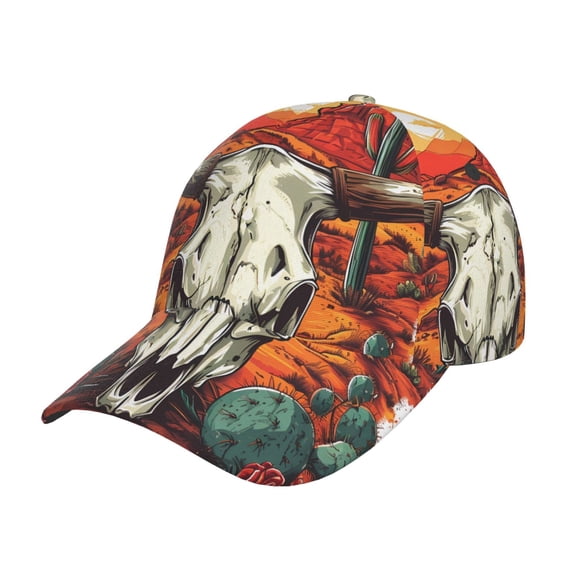 Kdxio Unisex Western Desert Cactus Ram Skull Pattern Baseball Cap Unisex Washed Classic Adjustable Hat