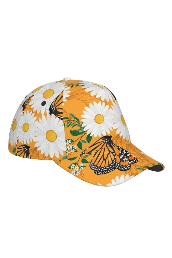 Unisex White Floral and Butterflies Pattern Baseball Cap Unisex Washed Classic Adjustable Hat
