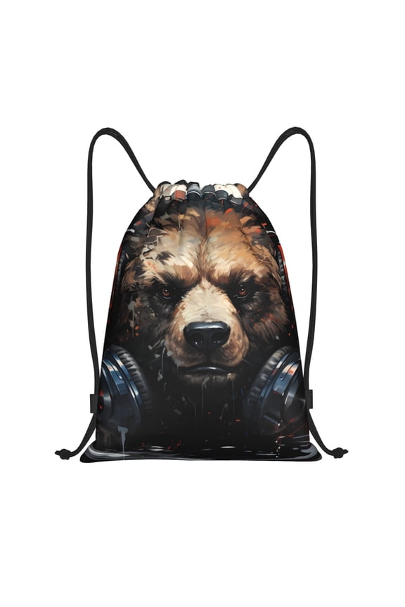 Urban Bear With Headphones Print Drawstring Backpack Bag,Waterproof Draw String Back Sack, Gym Drawstring Bags Swim Bag For Unisex