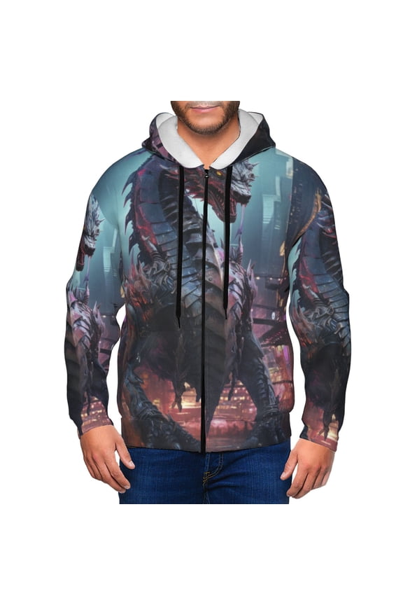 Urban Mechanical Dragon Print Men Hoodies Casual Hoodies for Men with Zip Pockets Full Zip Long Sleeve Sweatshirt Sports Hooded Jacket-Small