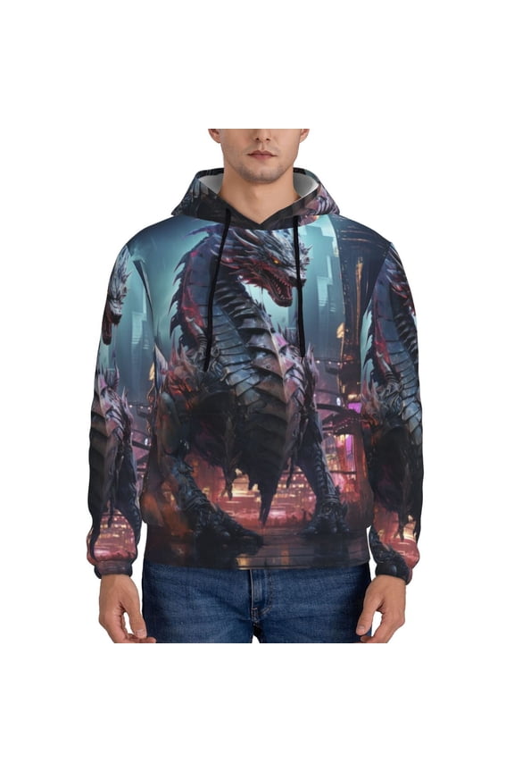 Urban Mechanical Dragon Print Mens Casual Hooded Collar Drawstring Hoodies Pullover Sweatshirts Casual Long Sleeve Shirts-Large