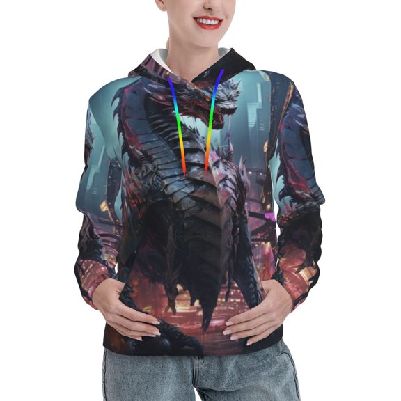 Kdxio Urban Mechanical Dragon Print Womens Oversized Hoodies Sweatshirts Hooded Pullover Tops Sweaters Casual-Small