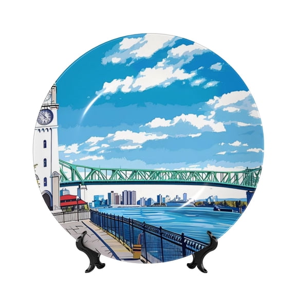 Kdxio Urban Riverside Clock Tower Bone China Decorative Plate Ceramic Decorative Plate for Home Office Wall Stand Decorative Plates for Home Bedroom-8in