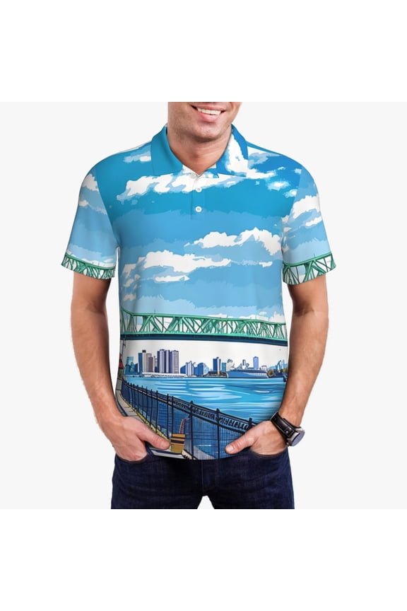 Urban Riverside Clock Tower Print Men's Short Sleeve Polo Shirt,Midweight Men's Shirt-3X-Large