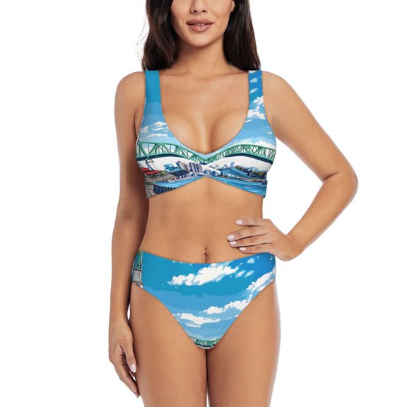 Kdxio Urban Riverside Clock Tower Print Women's 2 Piece High Waisted Wrap Spaghetti Strap Summer Swimsuit Bikini Set-Large